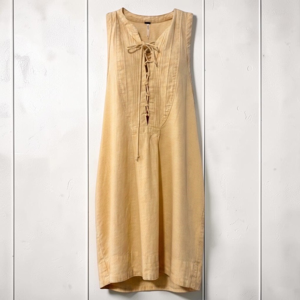 Free People Yellow White Stripe Linen Gauze Mini Dress XS Lace Up Pockets Boho